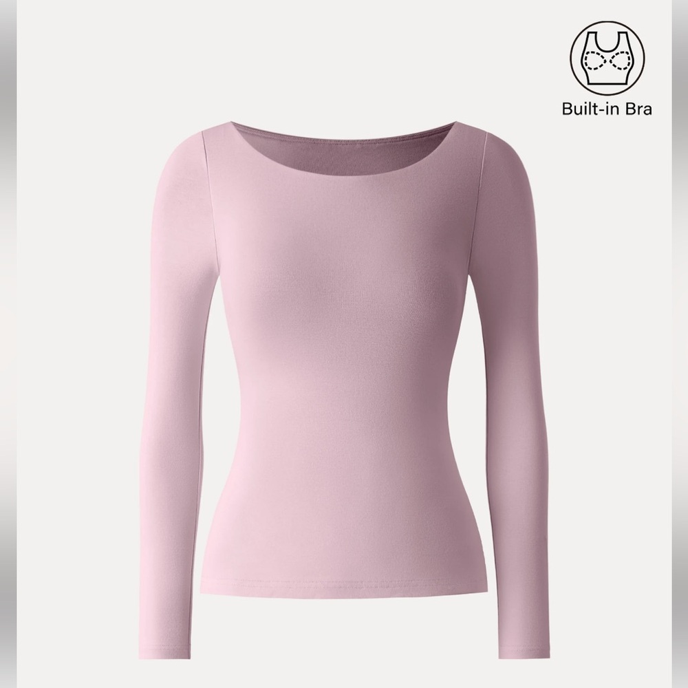 OGL Cotton Lyocell High Scoop Neck Long Sleeve Brami Top Pink L Large